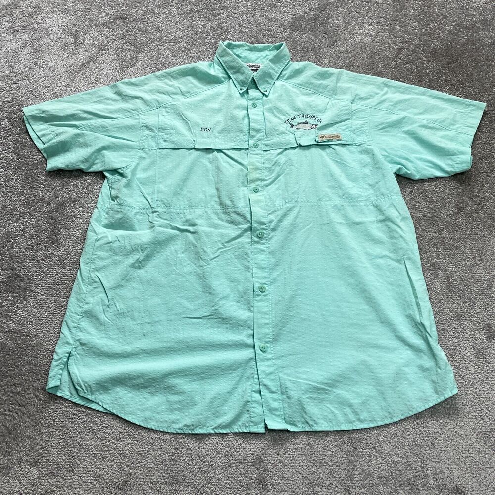 Columbia PFG Team Thompson Shirt Mens Large Green Button Down Short Sleeve Fish